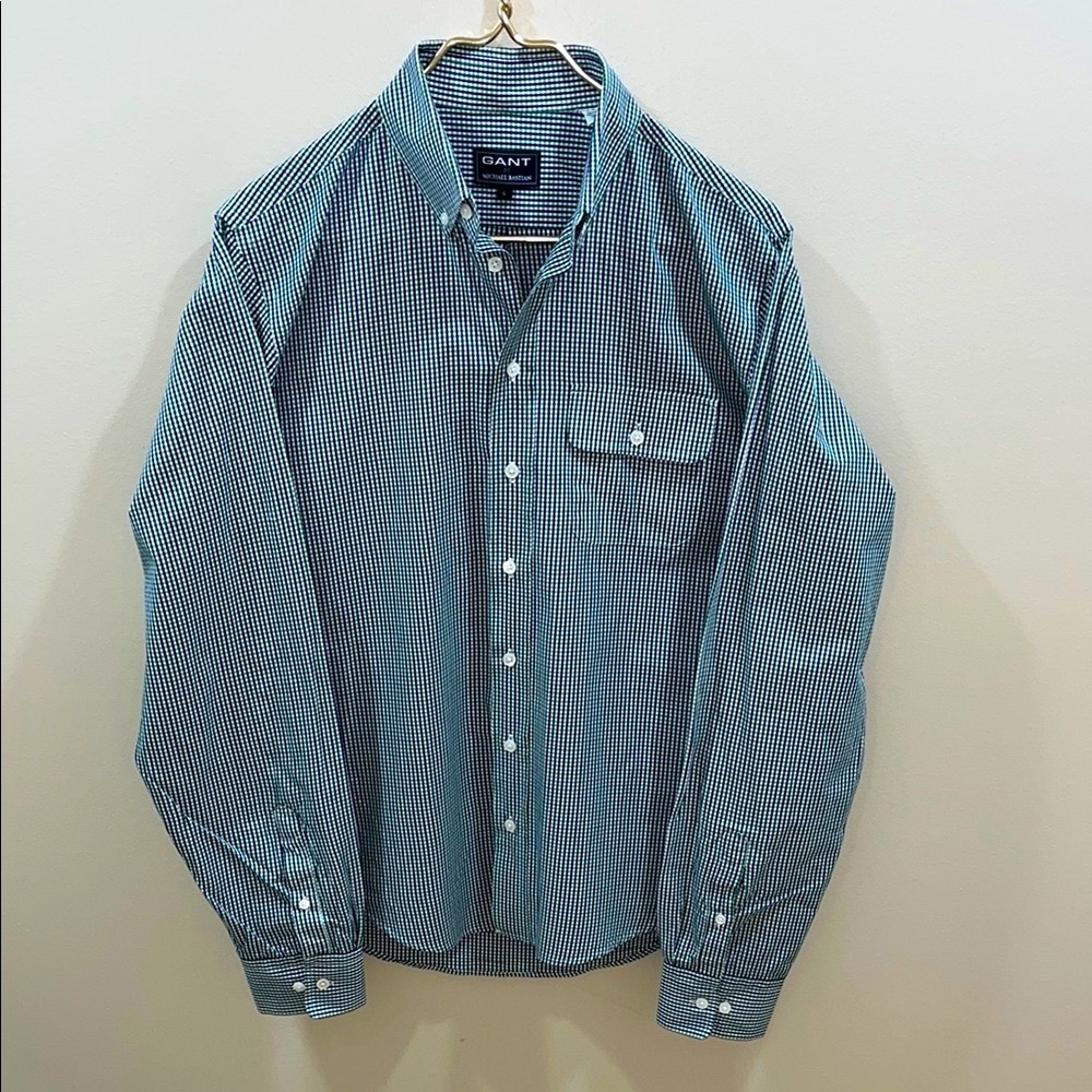 Michael Bastian For Gant Men’s Navy and Green Checkered Button Down Shirt. Large